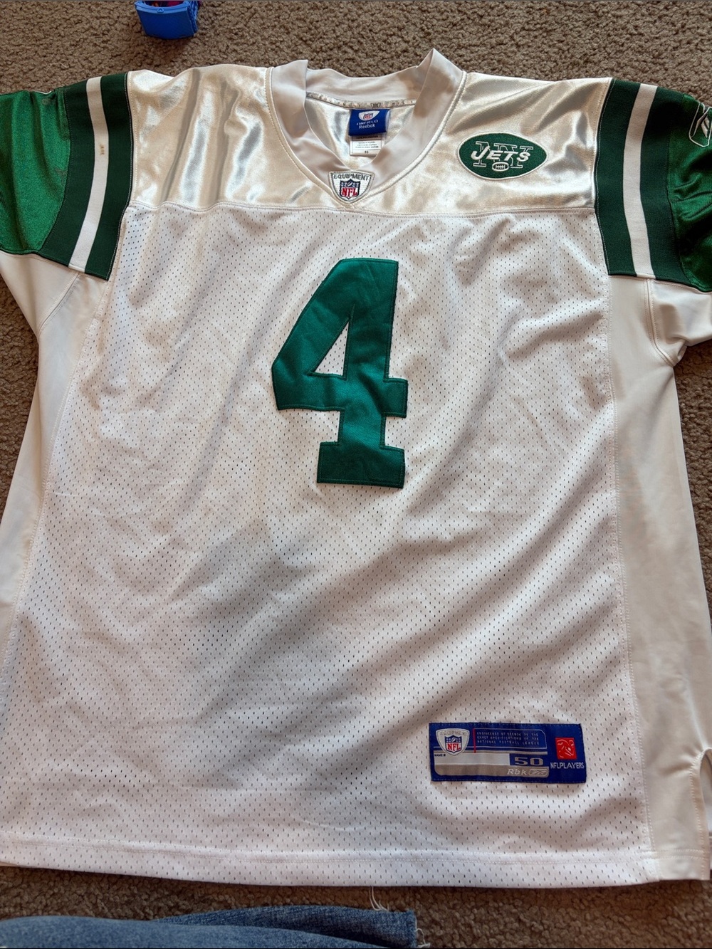 B69 NY Jets Reebok White and Green #4 “Favre” Football Jersey